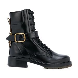Chloe Diana Black Leather Lace-Up Combat Boot with Buckle EU39